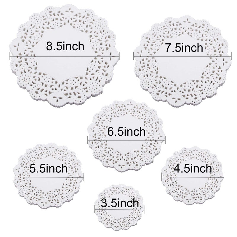 ZOENHOU 600 PCS Round Paper Doilies, 3.5, 4.5, 5.5, 6.5, 7.5, 8.5 Inch Lace Doily Paper, Bulk Round Decorative Paper Placemats for Desserts, Cakes - Image 2